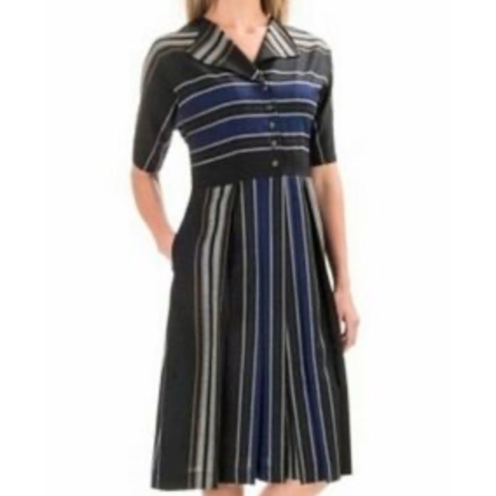 Pendleton Black Stripe Virgin Wool Button Front Mid Length Dress Womens Size 4 6